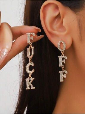 Gold Crystal Letter Drop Earrings — Statement 'F' & 'O' Design